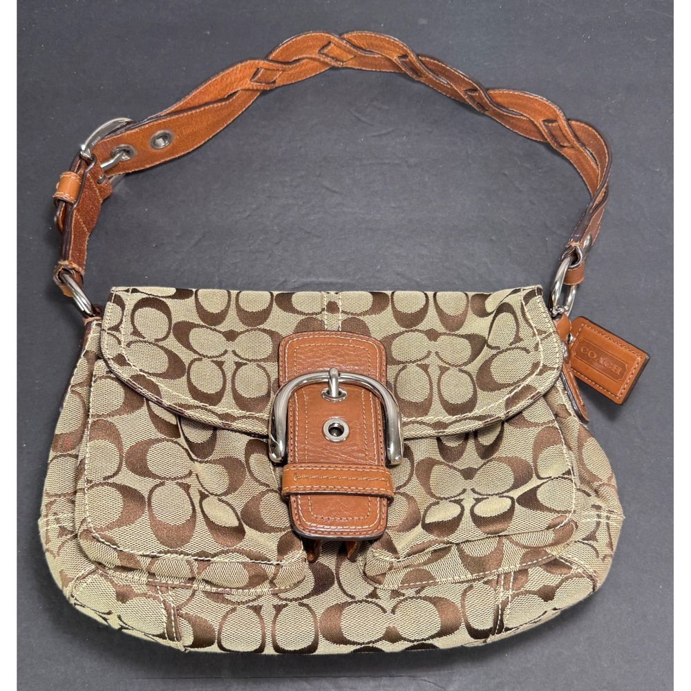Coach Soho Flap Bag Womens Small Brown Signature Monogram Buckle F11862